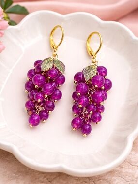 Gold Leaf Grape Cluster Earrings in Purple